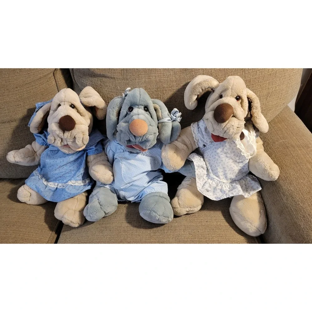 Vintage Wrinkles Dog Plush Puppet Lot of 3 Ganz Bros Tan Grey 1980s ID Tags